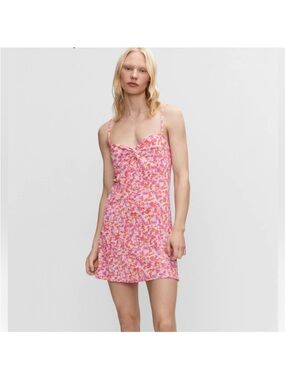 Mango Floral Pink Slip Dress with Spaghetti Straps